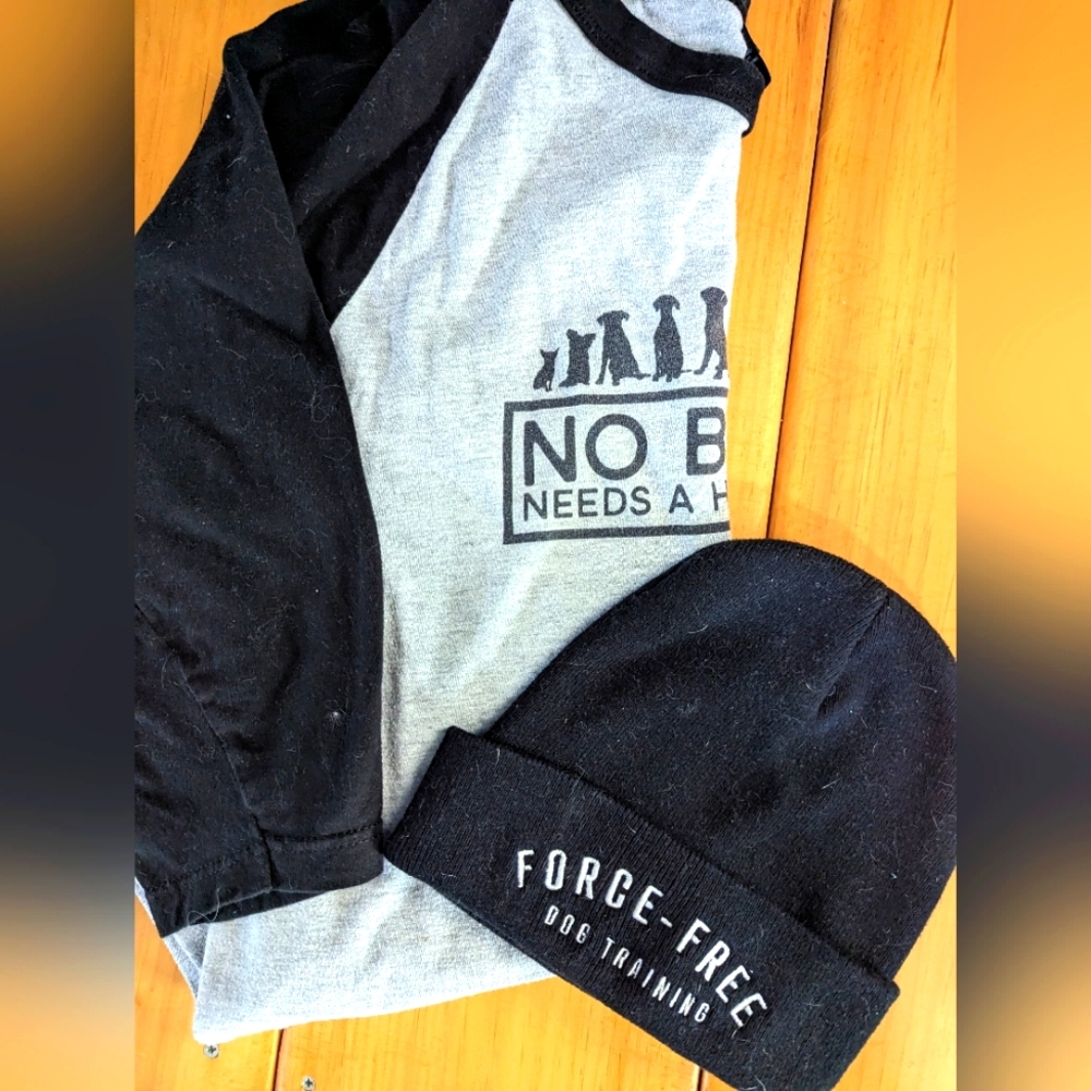Woofcultr positive reinforcement lot, baseball shirt and winter beanie.